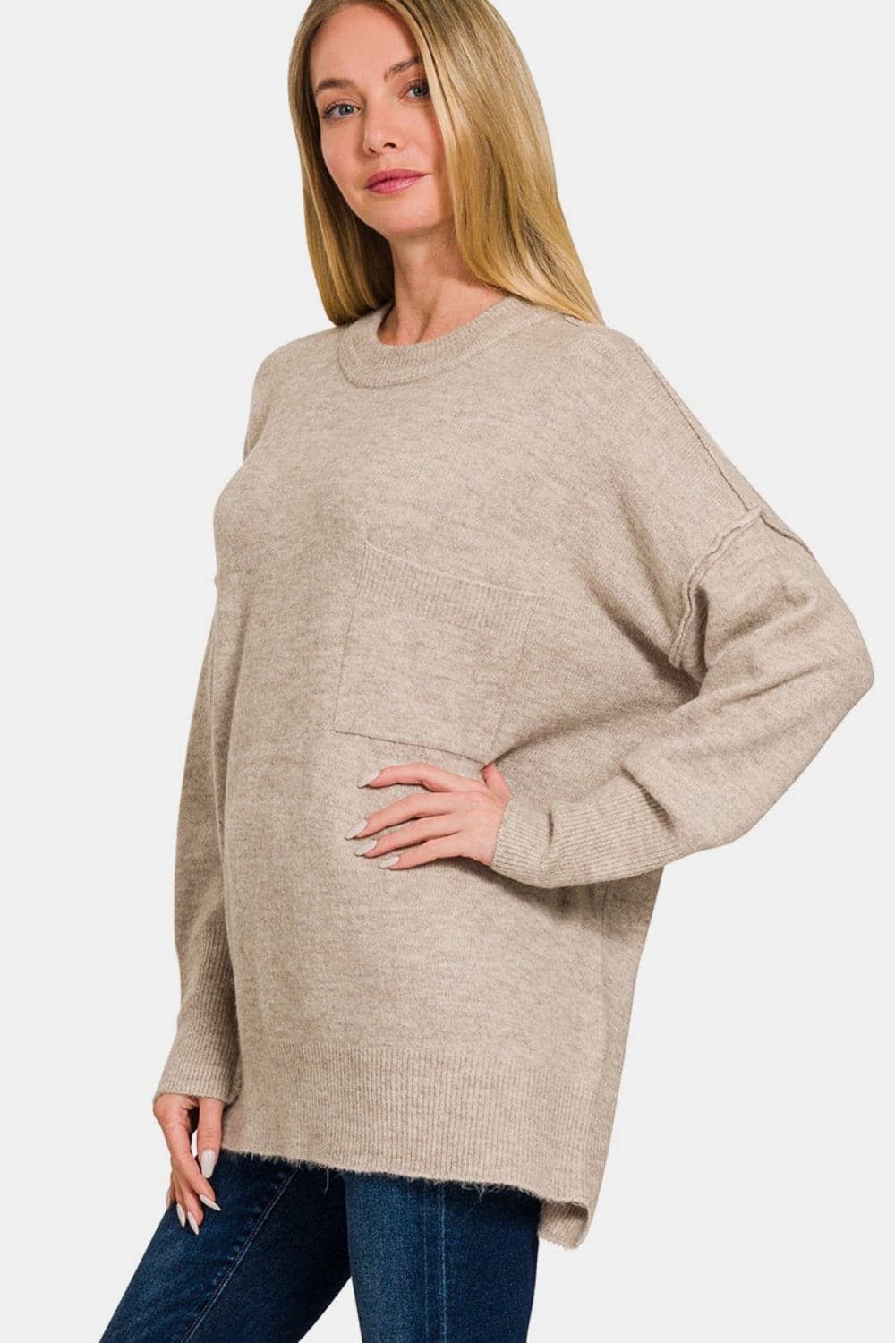 Zenana High-Low Hem Drop Shoulder Sweater.