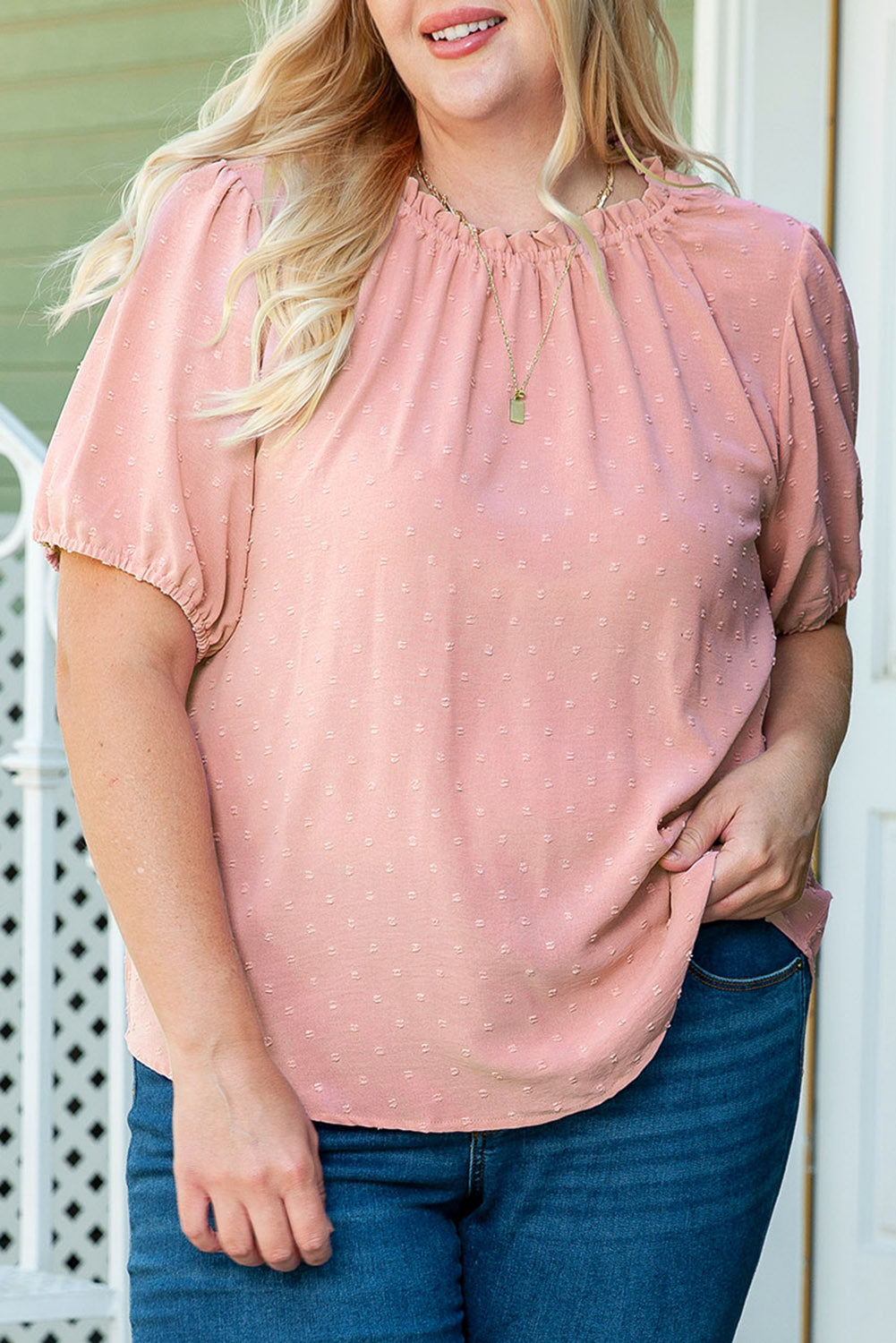 Chic pink plus size dot puff sleeve top