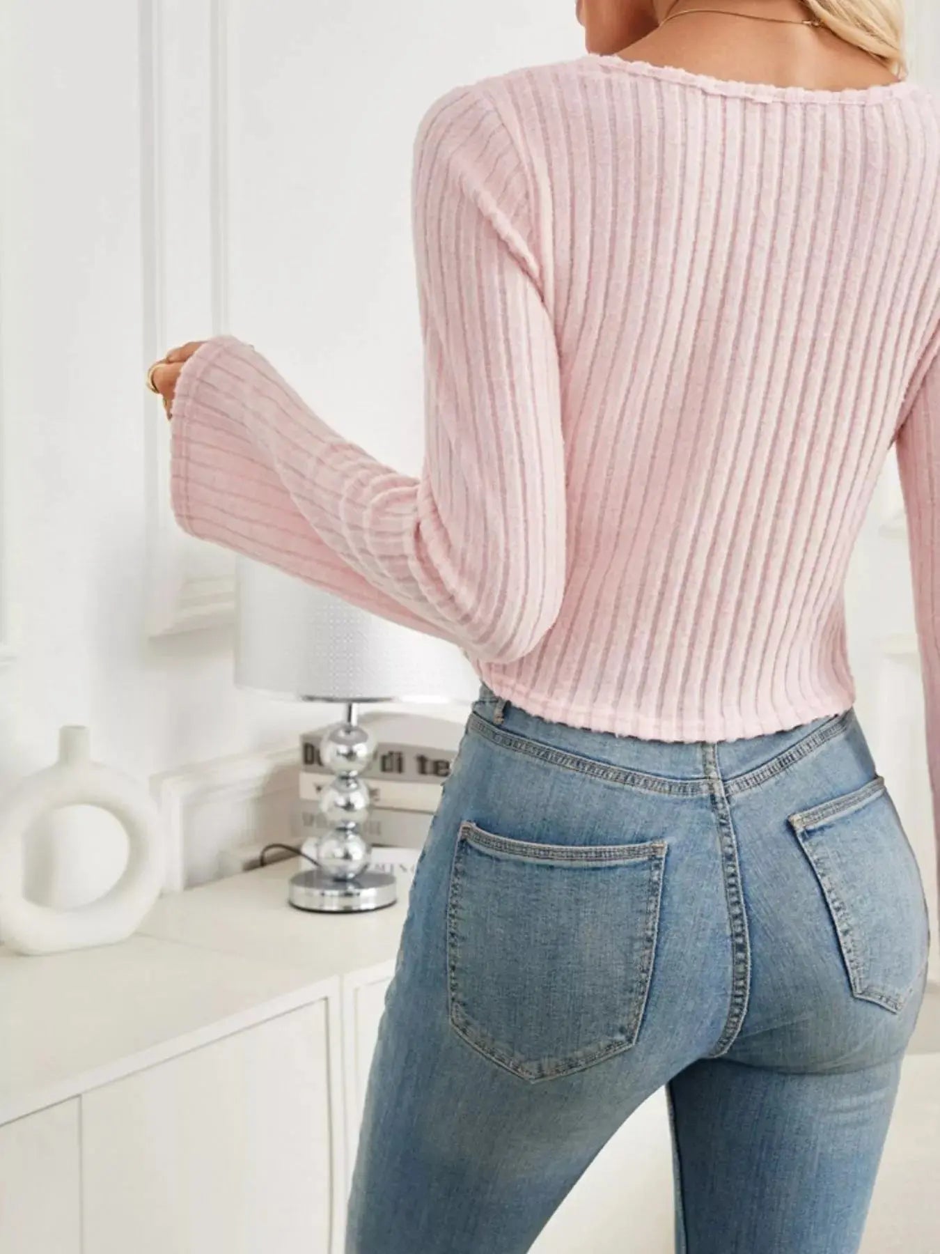 Ribbed Knit Tie Front Long Sleeve Top With Drawstring Detail Simply Love