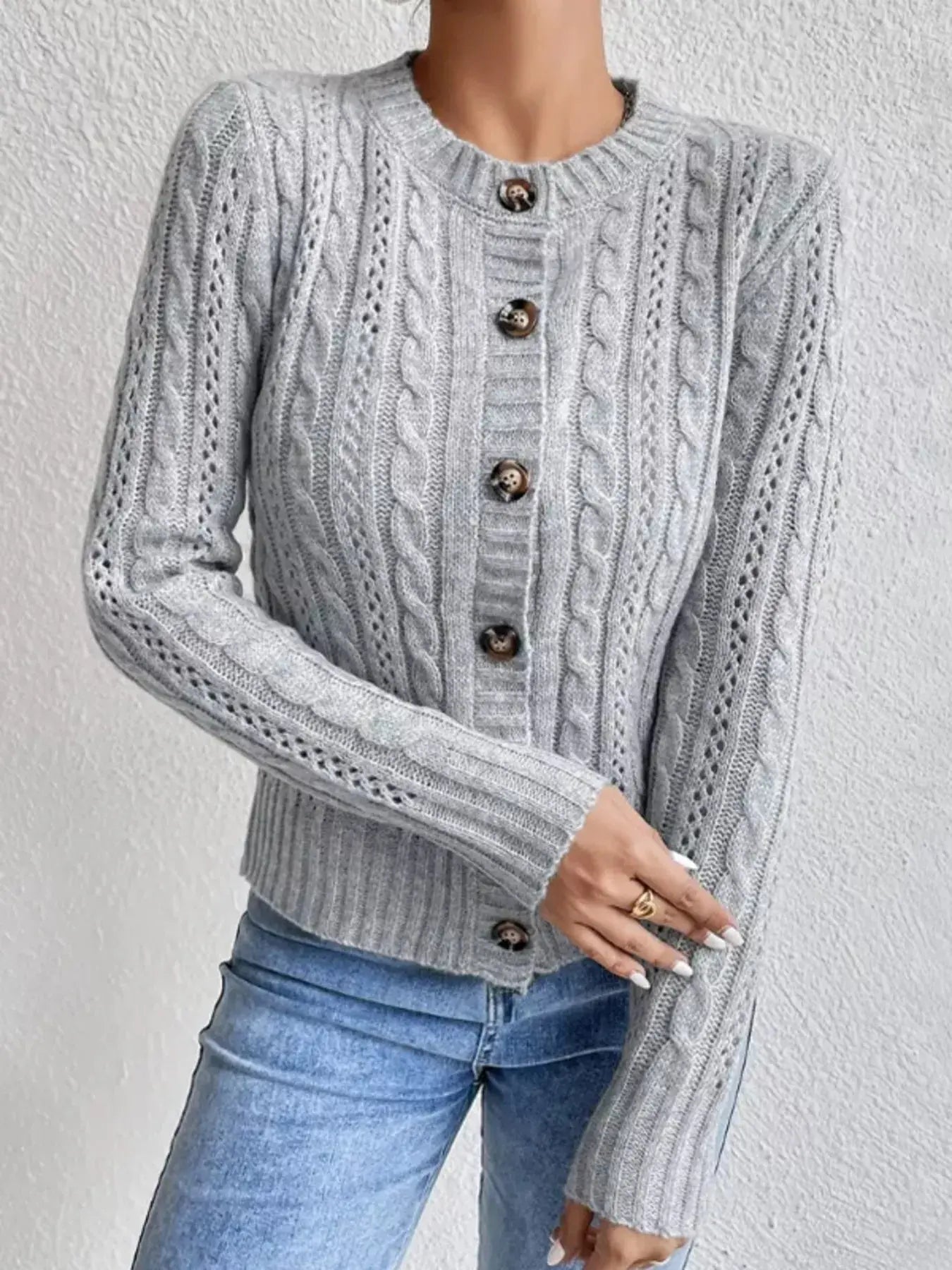 Cable Knit Button-Up Cardigan Simply Love