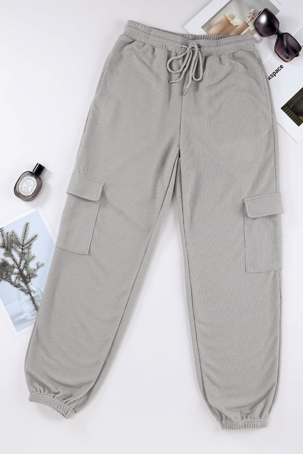 Stylish gray waffle cargo jogger pants with pockets