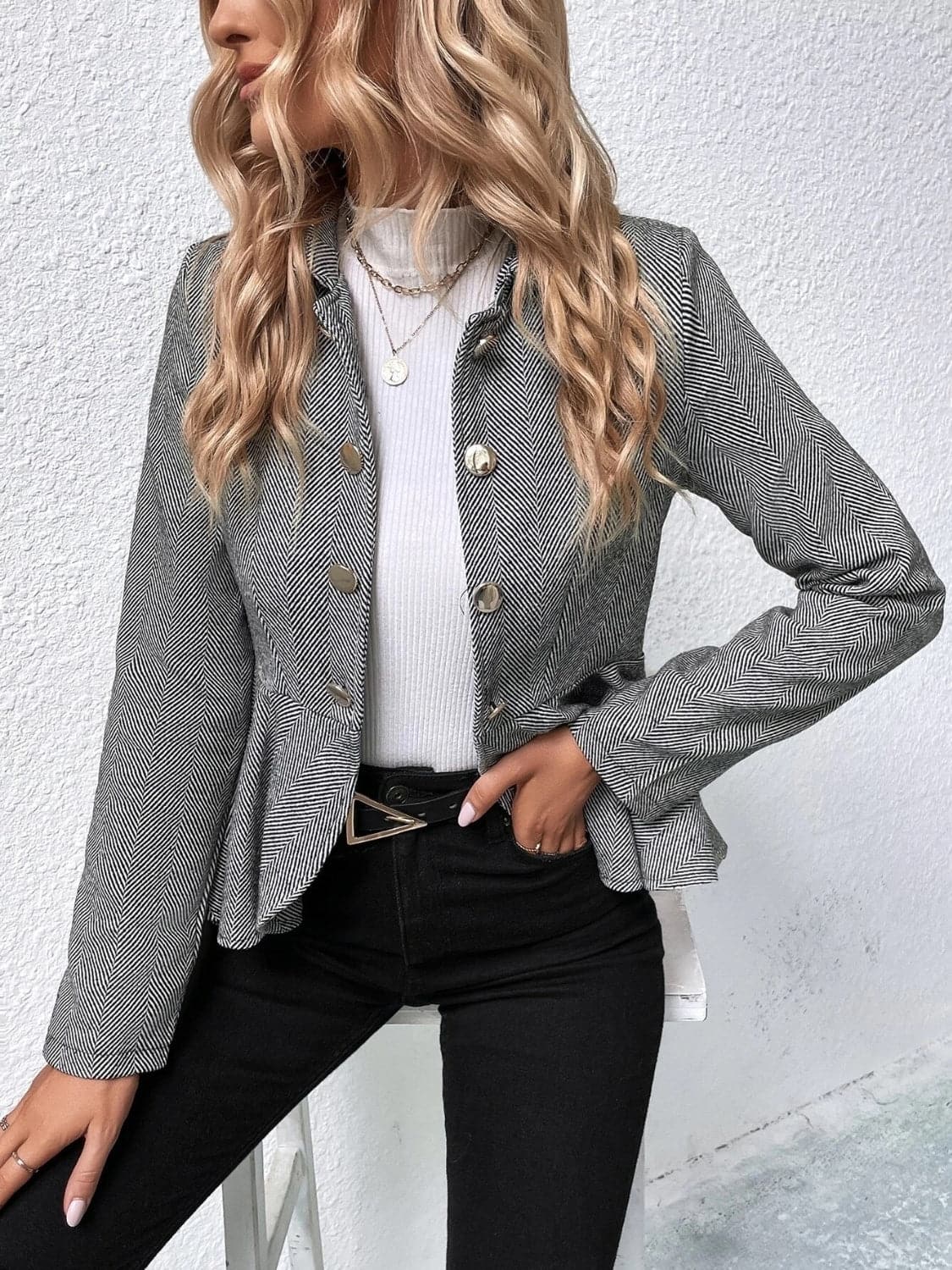 Ruffle Hem Collared Blazer.