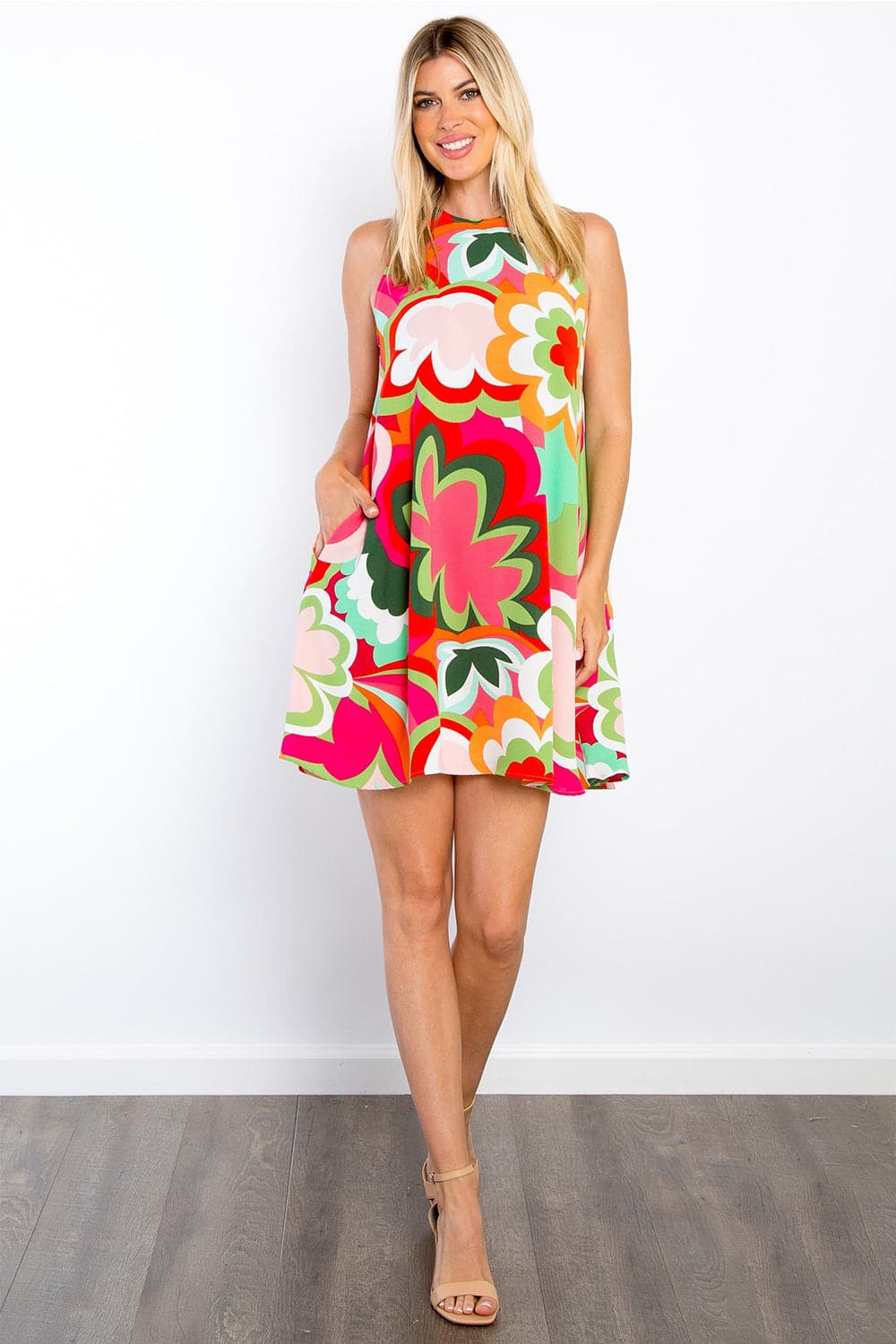 Be Stage Full Size Floral Sleeveless Mini Dress with Pockets.