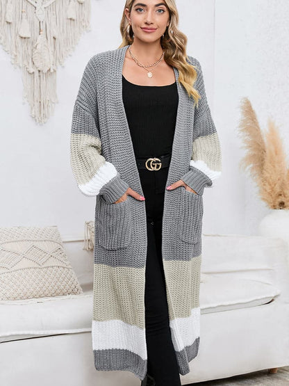 Color Block Long Sleeve Pocketed Cardigan.