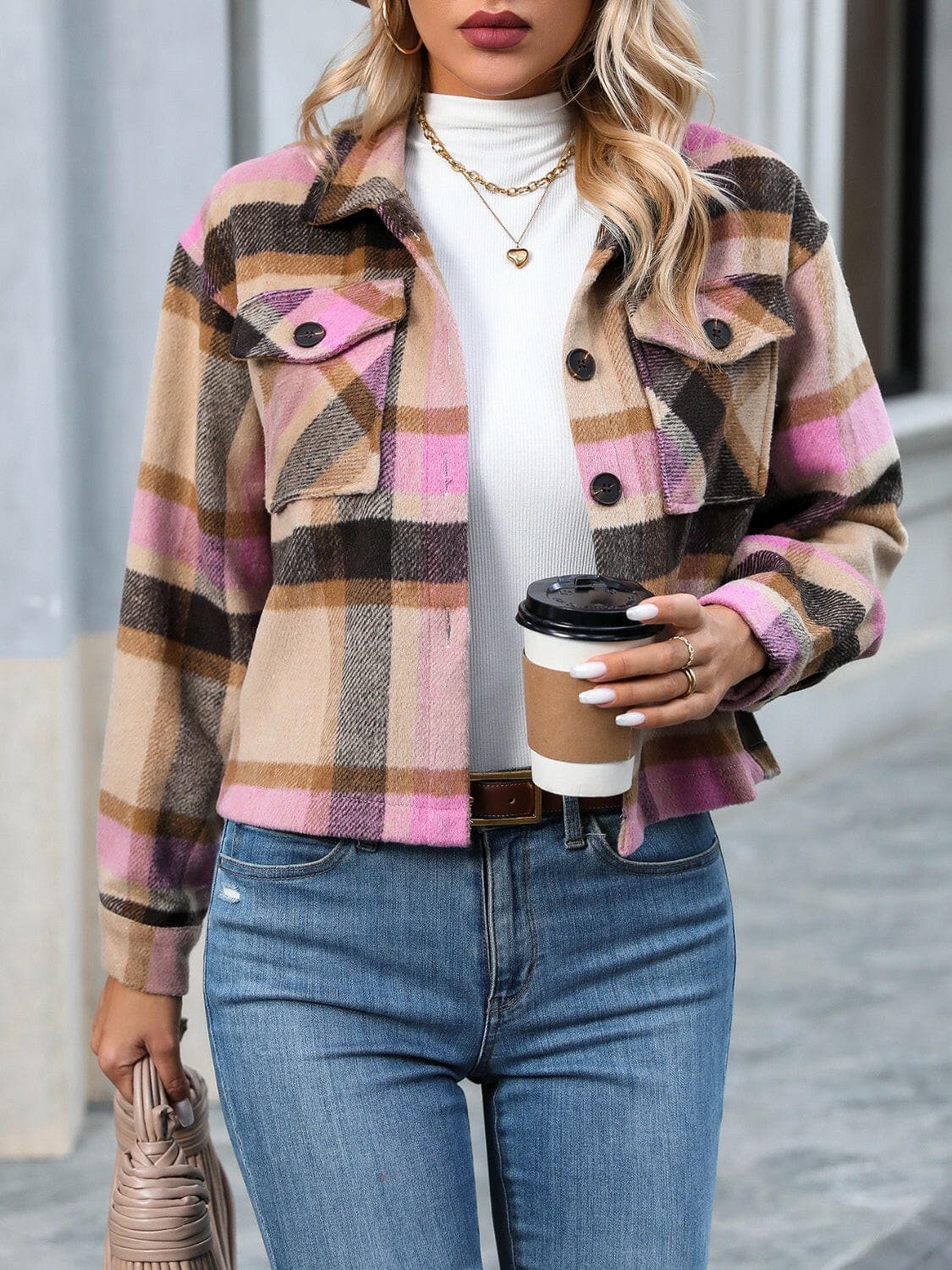 Plaid Button Up Jacket with Pockets.