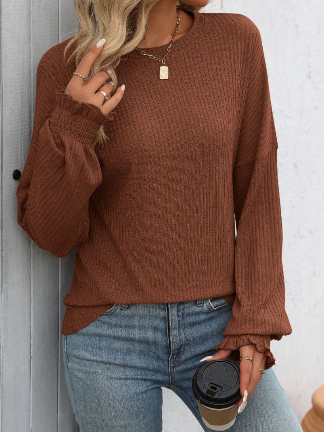 Ribbed Round Neck Long Sleeve T-Shirt.