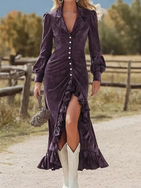 Velvet Ruched Buttoned Midi Dress With High Low Hem Ruffles Simply Love