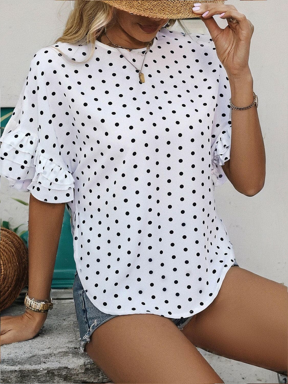 Slit Polka Dot Round Neck Half Sleeve Blouse.