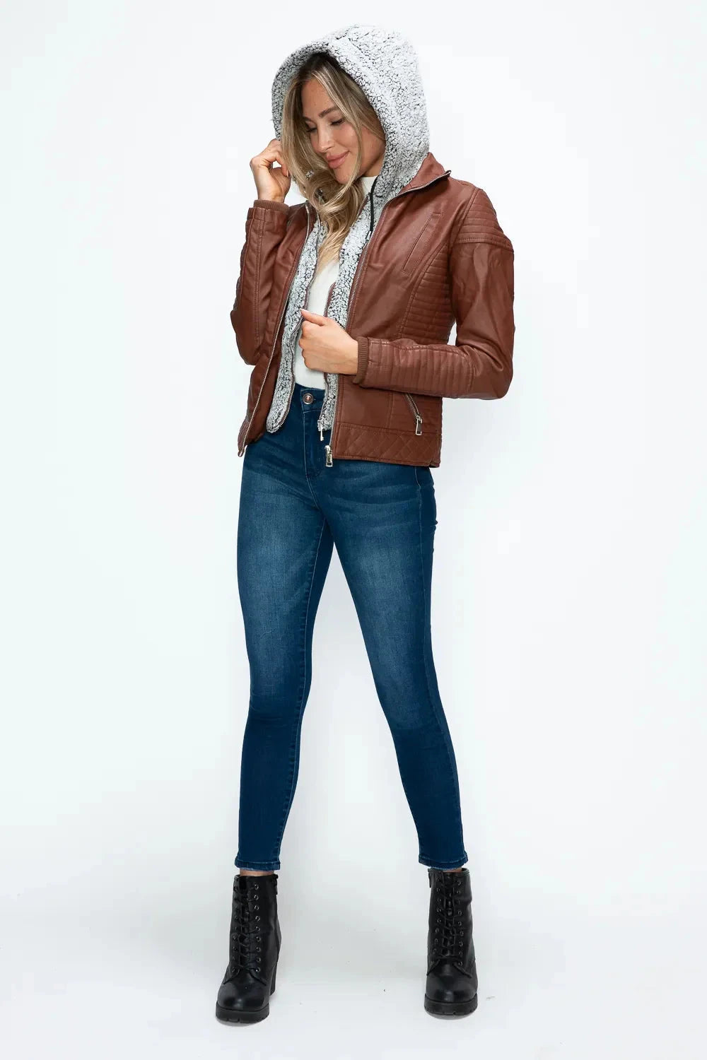 YMI Faux Layered Double-Zipper Jacket with Fuzzy Hood Coco’s Tee Boutique