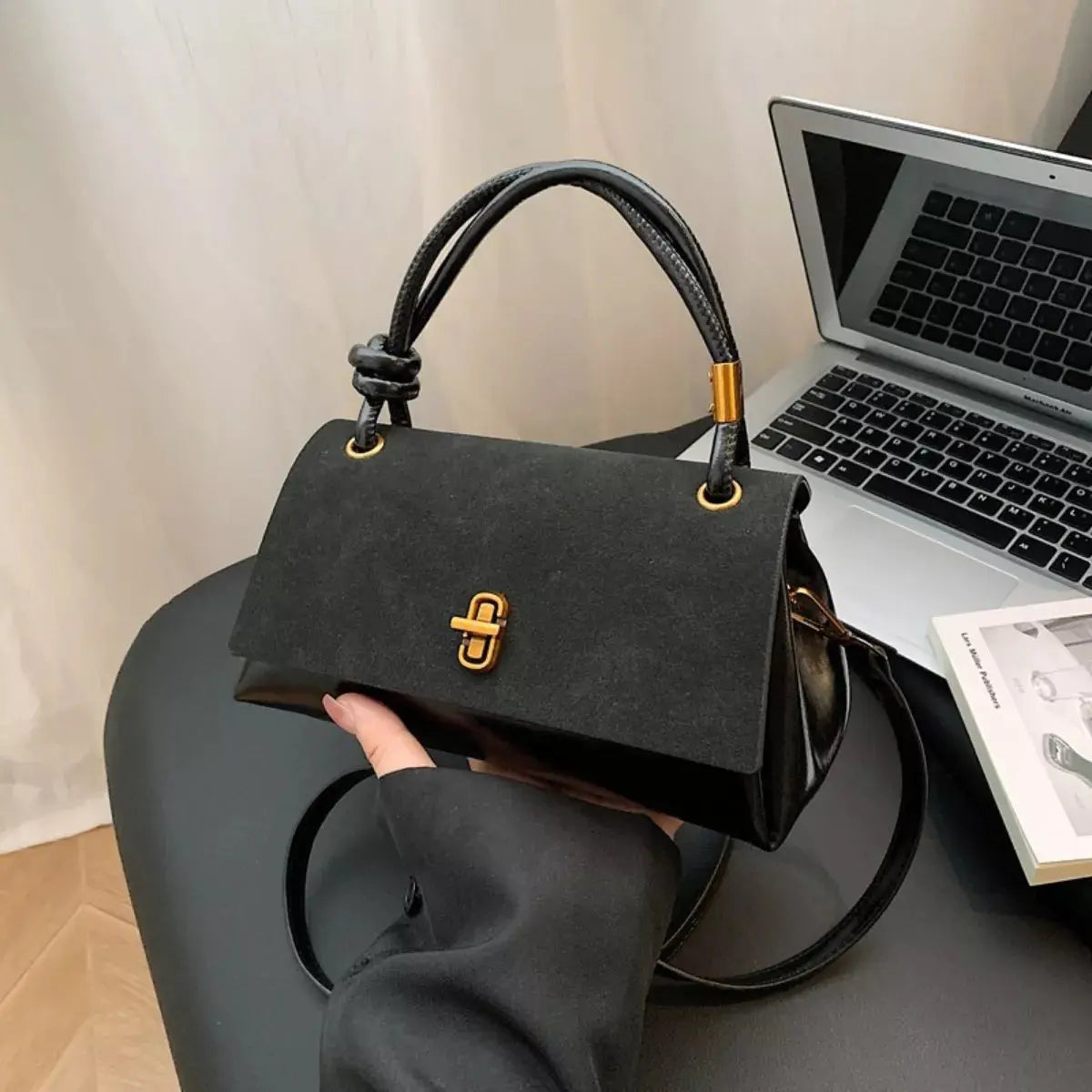 Flap Crossbody Bag With Top Handle Small PU Leather Gold Hardware Simply Love