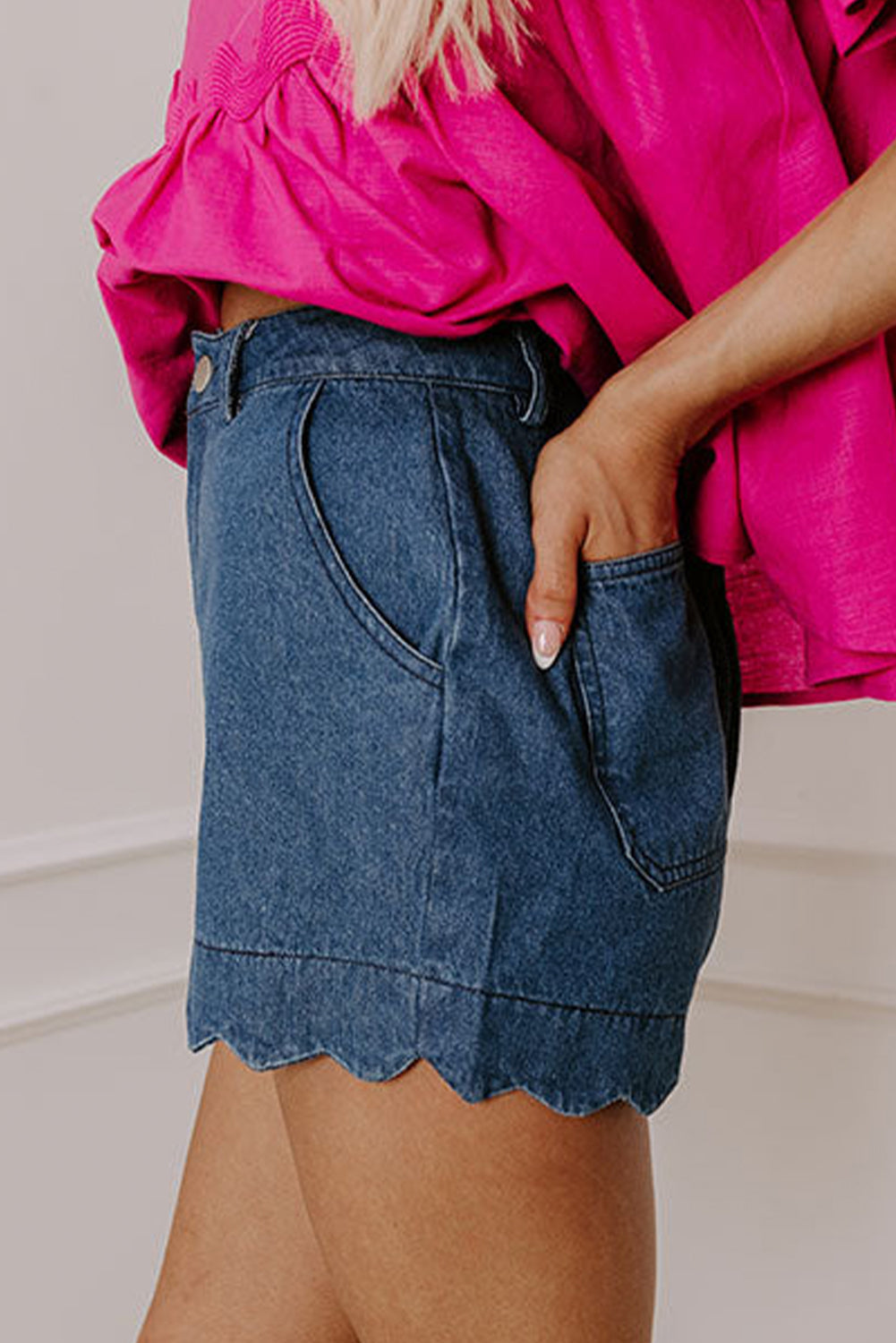 Sail Blue Scalloped Hemline Acid Wash High Waist Denim Shorts Love Salve