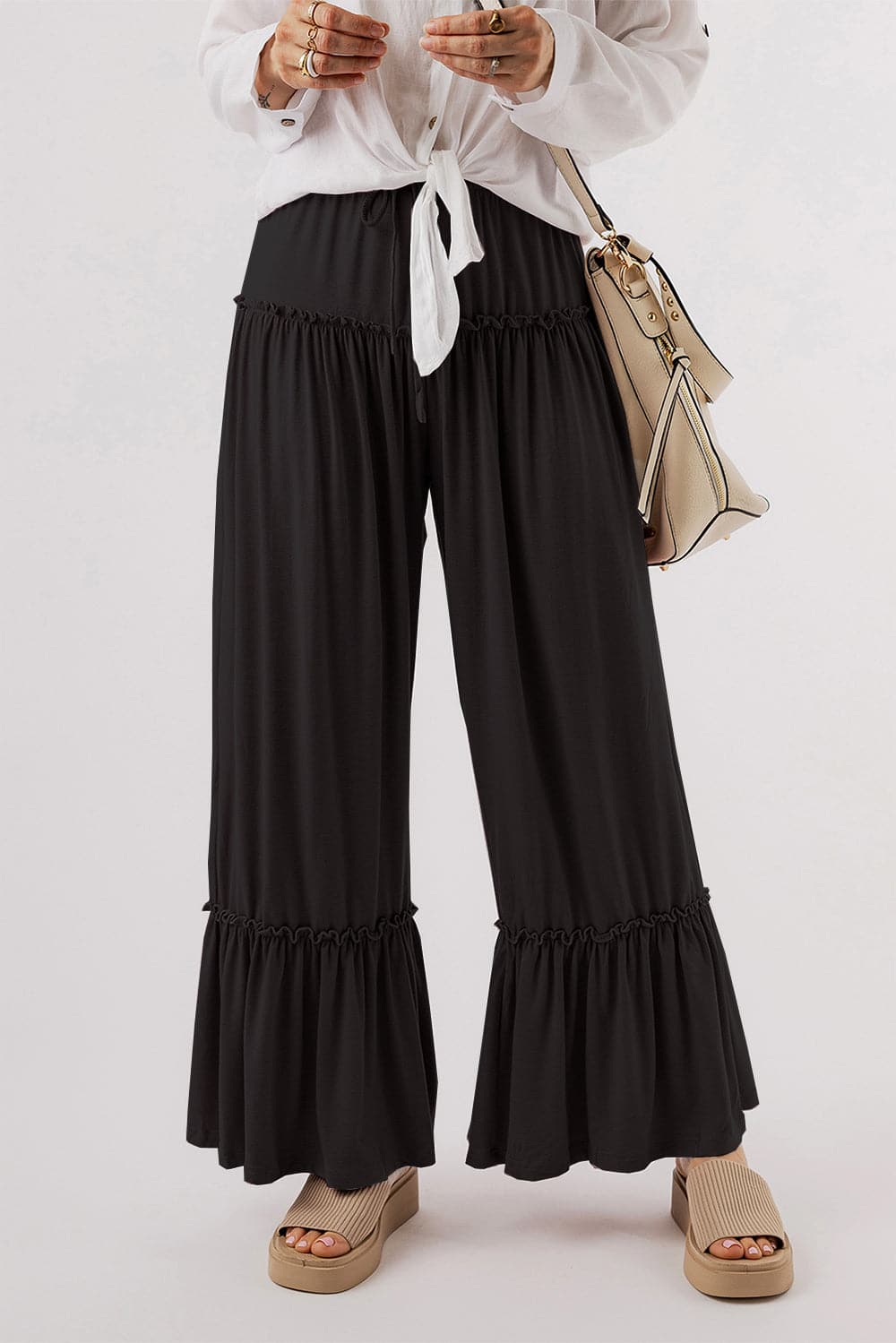 Tied Frill Ruched Bootcut Pants.