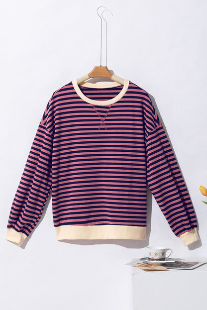 Cozy red striped oversized pullover with contrast trim