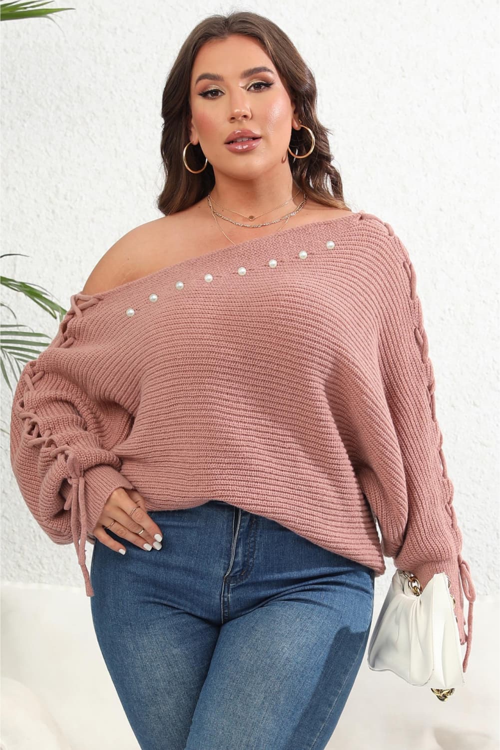 Plus Size One Shoulder Beaded SweaterPattern type: Solid
Style: Casual
Features: Tied
Neckline: One shoulder
Length: Long
Sleeve length: Long sleeves
Sleeve type: Regular sleeves
Material composition: 1Love Salve Shoulder Beaded Sweaterplus