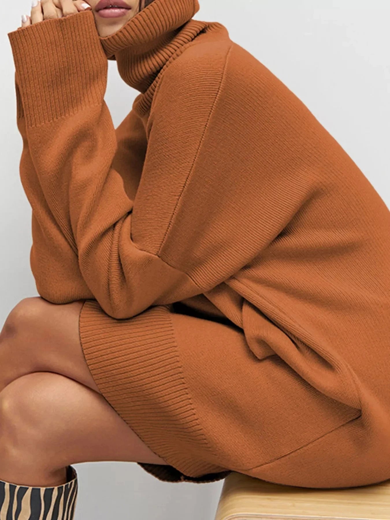 Solid Color Turtleneck Drop Shoulder Loose Sweater Dress Simply Love