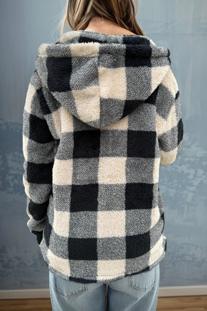 Double Take Full Size Plaid Long Sleeve Hooded Coat.