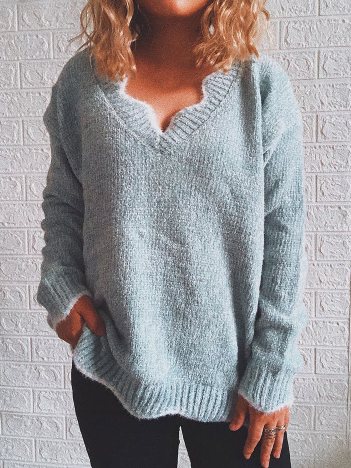 Notched Dropped Shoulder Long Sleeve Sweater.