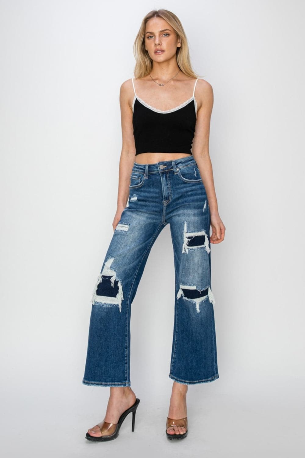 Risen Full Size High Rise Patch Detailed Wide Leg Crop Jeans.