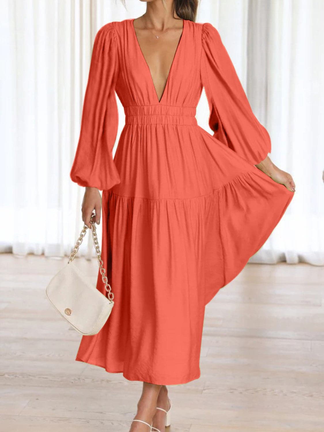 Deep V-Neck Balloon Sleeve Plain Maxi Dress.