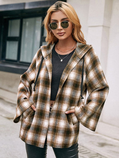 Pocketed Plaid Long Sleeve Hooded Jacket.