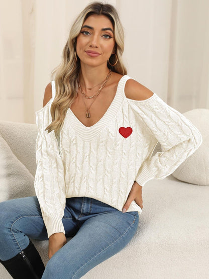 Cozy cable-knit heart v-neck sweater