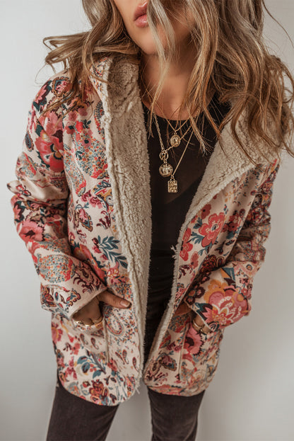 Beige floral paisley hooded Sherpa jacket for a vintage vibe