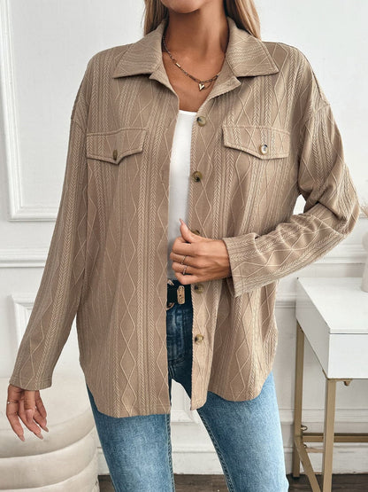 Textured collared neck button-up shacket