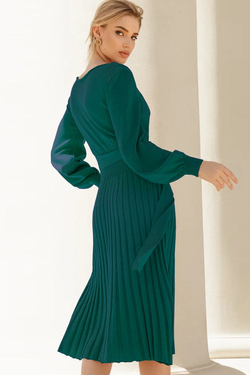 Round Neck Long Sleeve Pleated Sweater Dress.