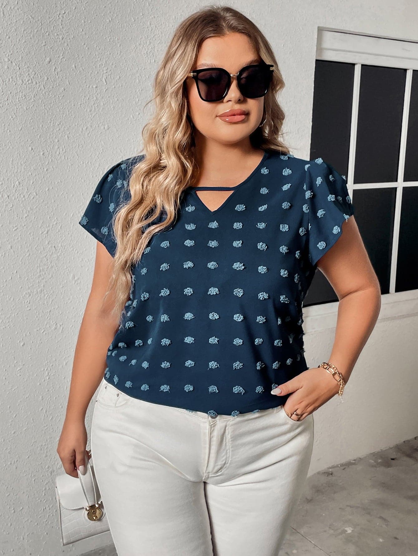 Plus Size Swiss Dot V-Neck Flutter Sleeve Tee.