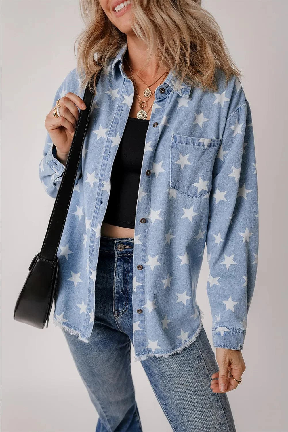 Star Button Up Long Sleeve Denim Jacket.