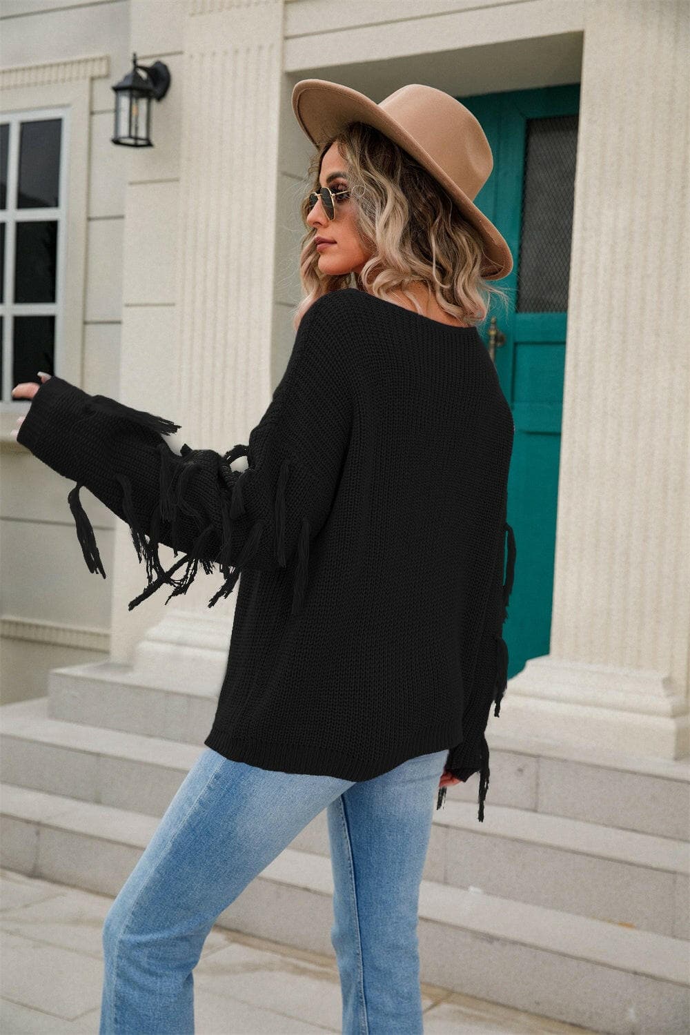 Fringe Round Neck Dropped Shoulder Sweater.