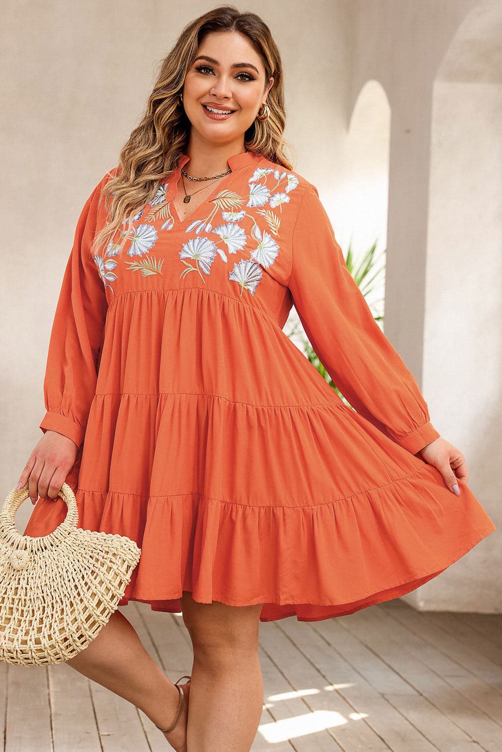 Plus Size Notched Neck Printed Long Sleeve Mini Dress.