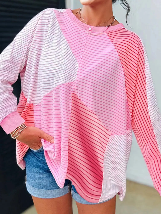 Striped Colorblock Exposed Seam Casual Long Sleeve Top Polyester Blend Simply Love