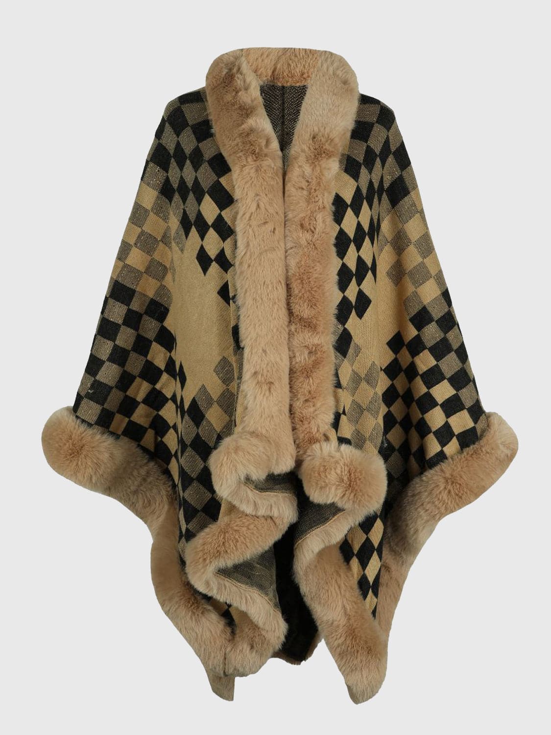 Checkered Faux Fur Trim Poncho.