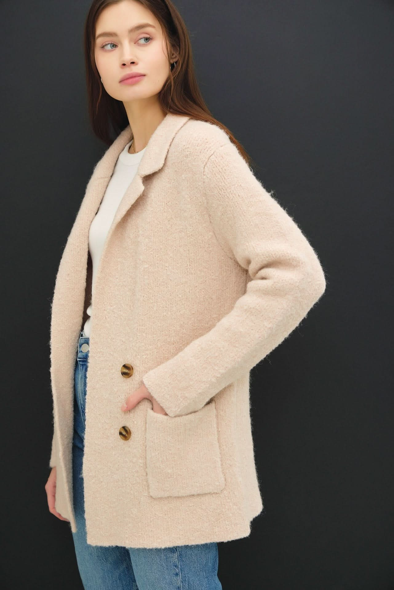 Textured Double-Breasted Cozy Coat with Functional Pockets