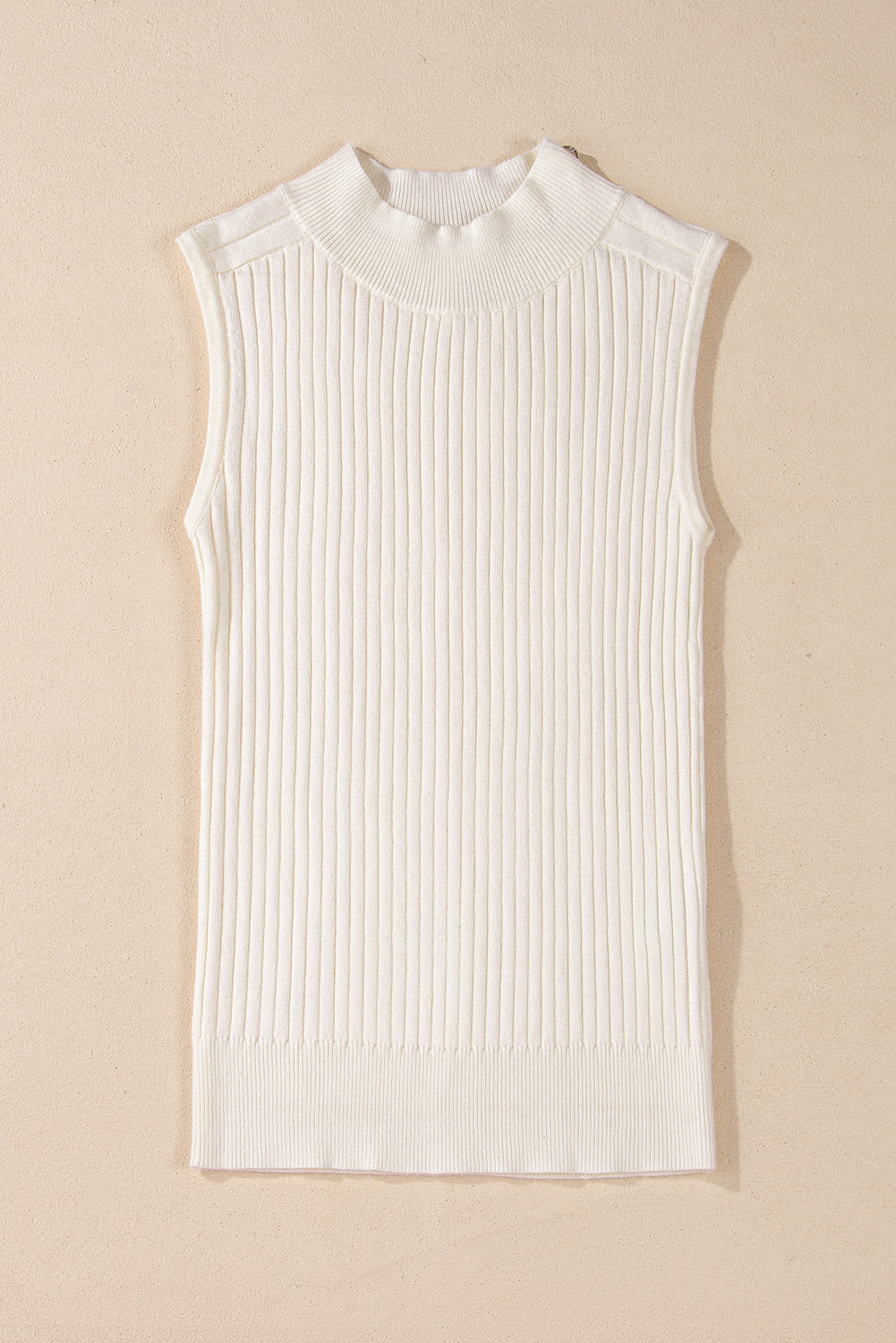 Chic white ribbed knit sleeveless high neck sweater vest