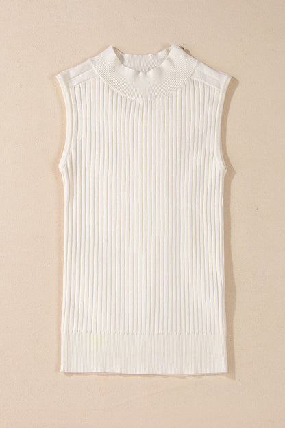 Chic white ribbed knit sleeveless high neck sweater vest