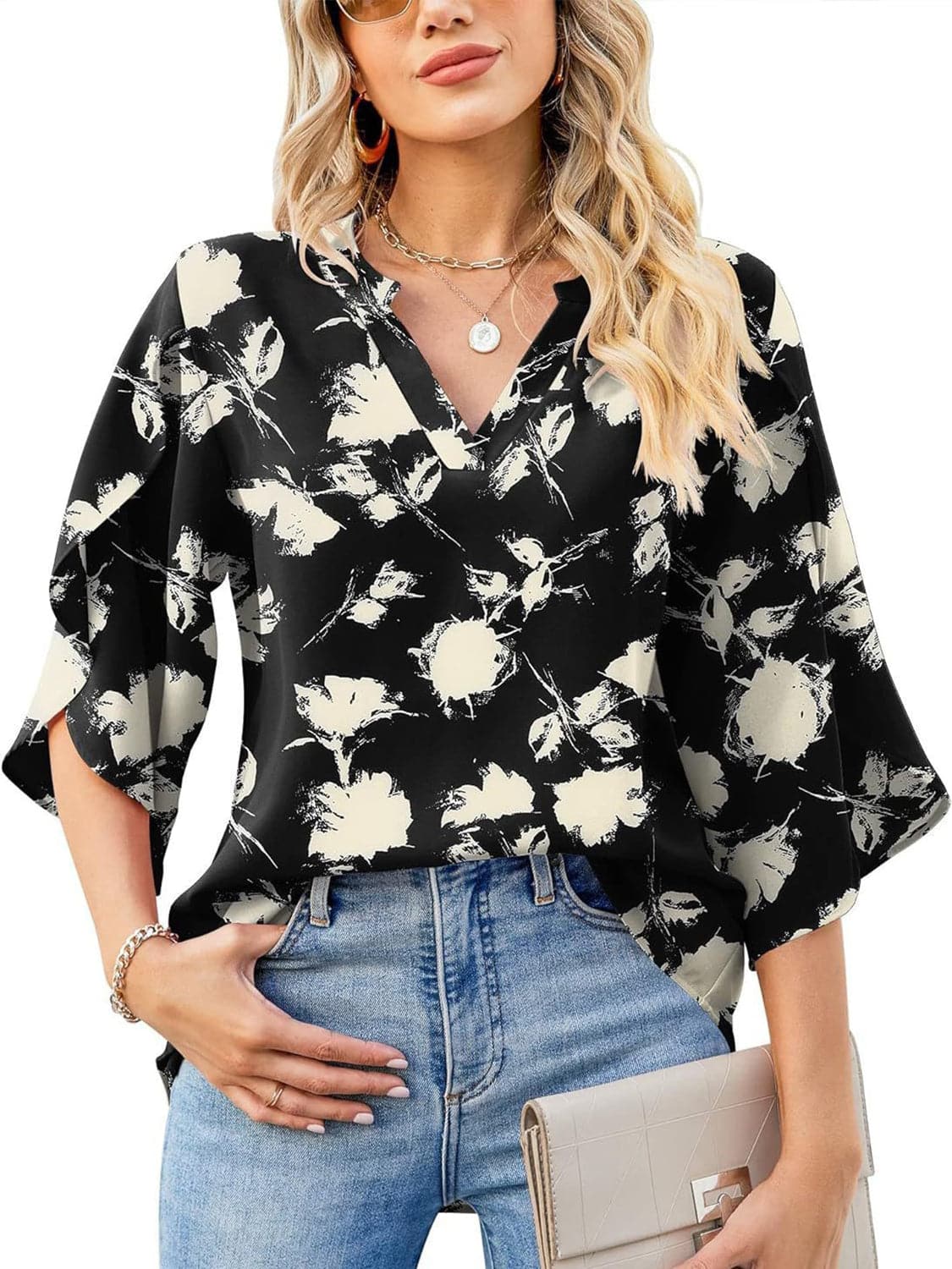 Printed Notched Half Sleeve Blouse.