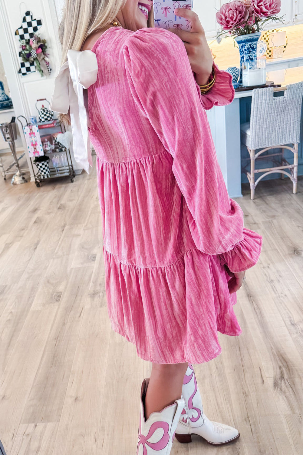 Playful strawberry pink velvet mini dress with flounce sleeves and tiered ruffles