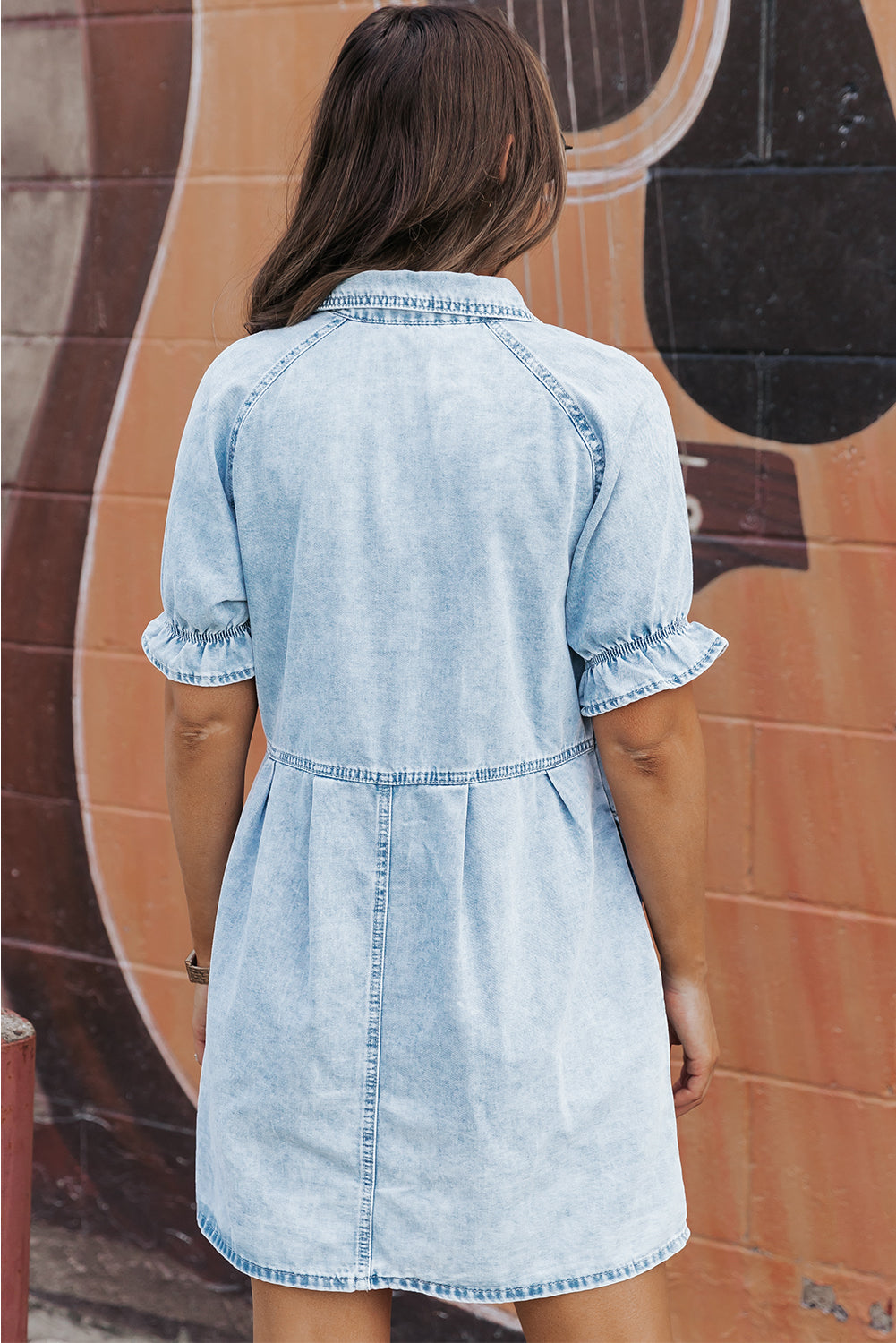 Kimber Ruffled Short Sleeve Buttoned Denim Dress with Mineral Wash - Love Salve 