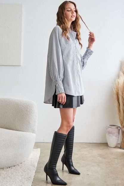 Trendy High-Low Striped Button-Up Shirt with Smocked Lantern Sleeves