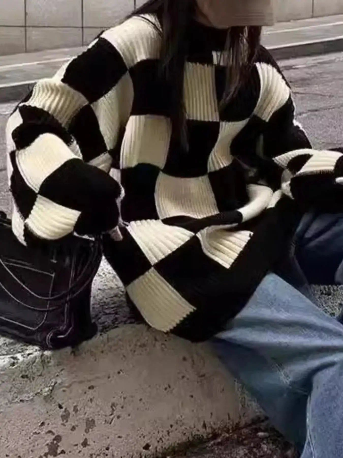 Checkerboard Pattern Oversized Sweater Simply Love