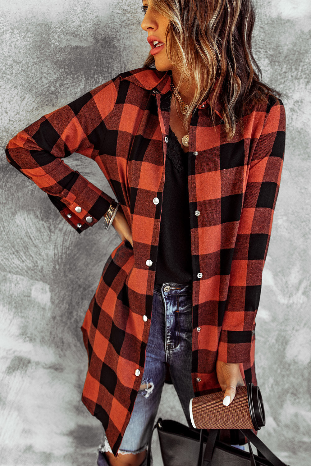 Chic plaid shirt coat with elegant turn-down collar in fiery red