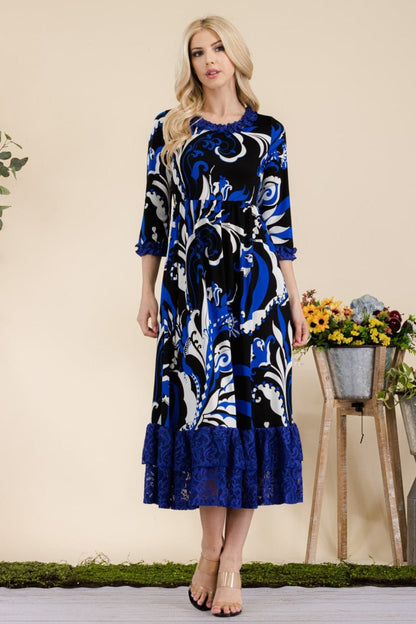 Celeste paisley print midi dress with lace ruffles and pockets