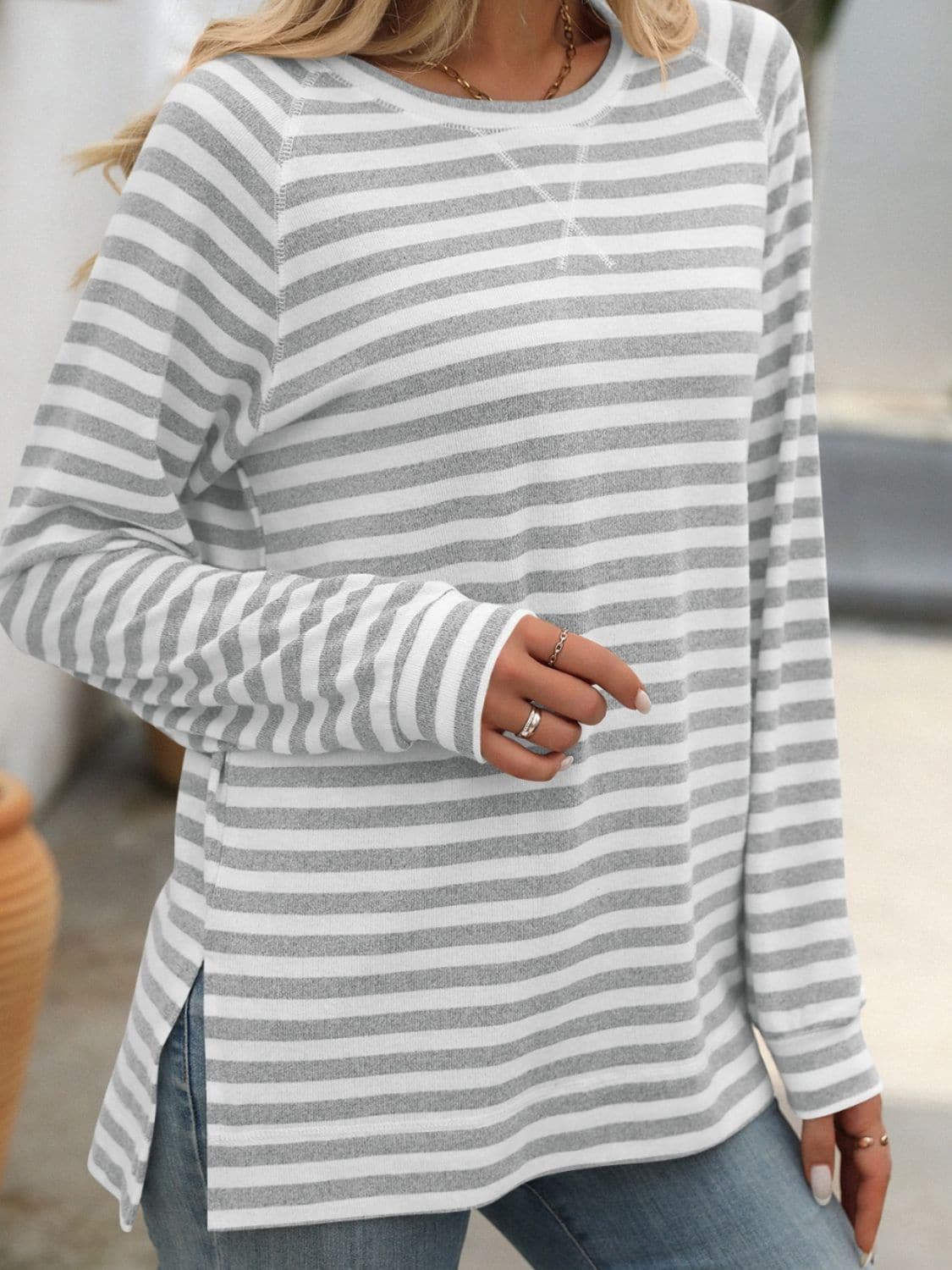 Striped Round Neck Long Sleeve T-Shirt.