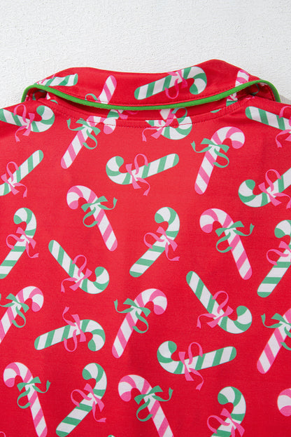 Festive Red Candy Cane Pocketed Pajama Set with Knotted Shorts