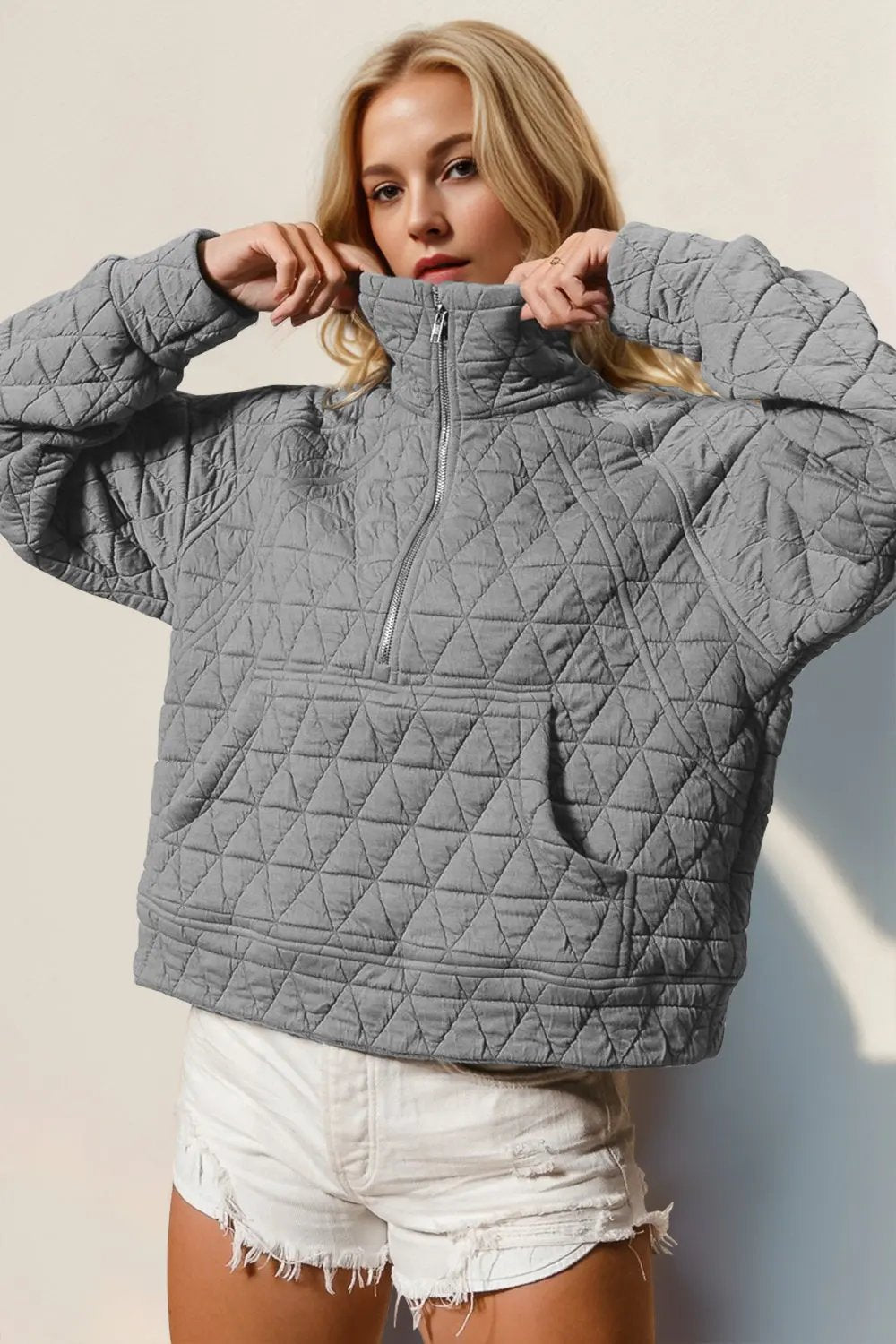 Double Take Half Zip Long Sleeve Quilted Sweatshirt with Pocket - Love Salve
