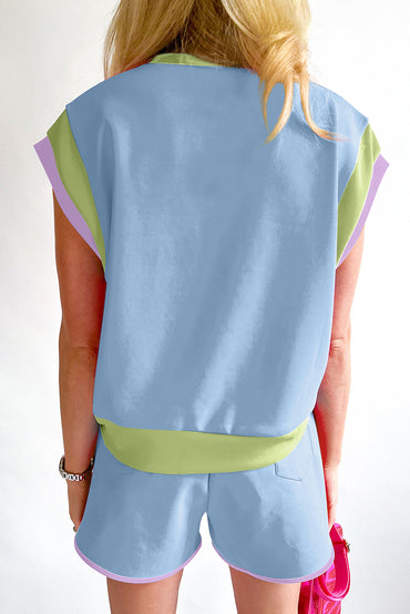 Chic blue cap sleeve tee and shorts combo with contrast trim