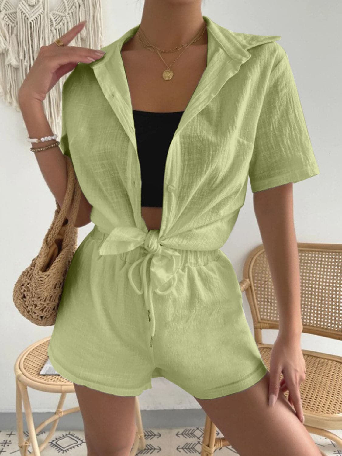 Button Up Short Sleeve Shirt and Drawstring Shorts Set.