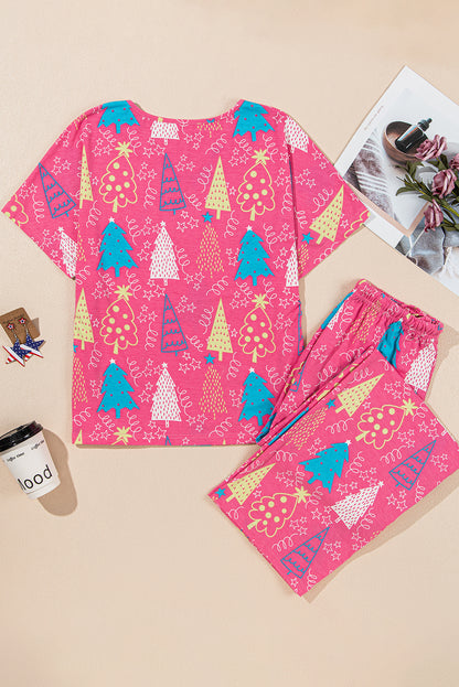 Festive rose print v-neck lounge set for cozy holiday lounging